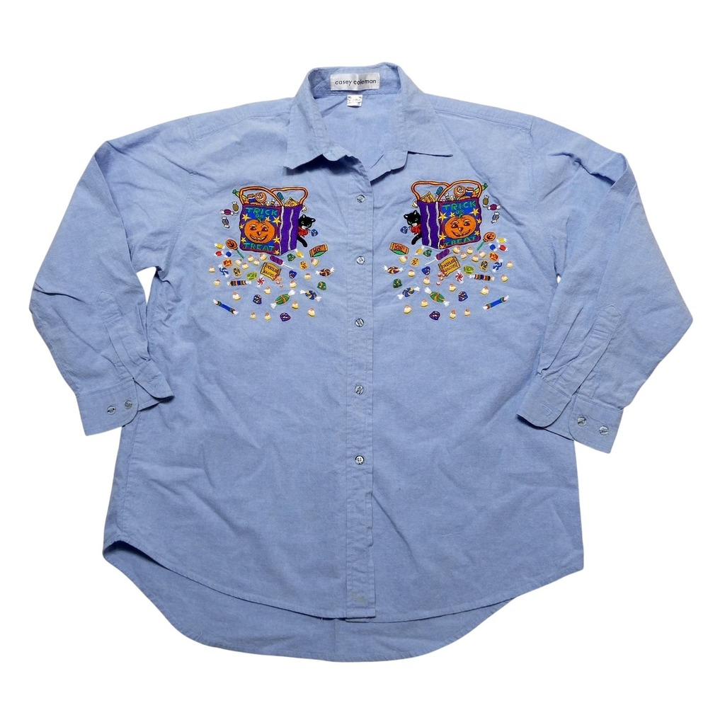 Casey Coleman Shirt Womens XL Blue Halloween Trick Or Treat Candy Embroidered